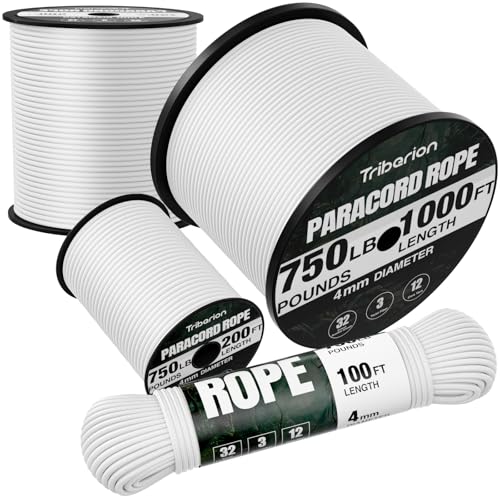 Paracord Rope 750 lb - 200ft 5/32" Parachute Cord 4MM 12-Strand para Cord - Heavy Duty Spool String for Survival,Camping Gear, Survival Bracelet, Clothesline - White - color: White, size: 200ft