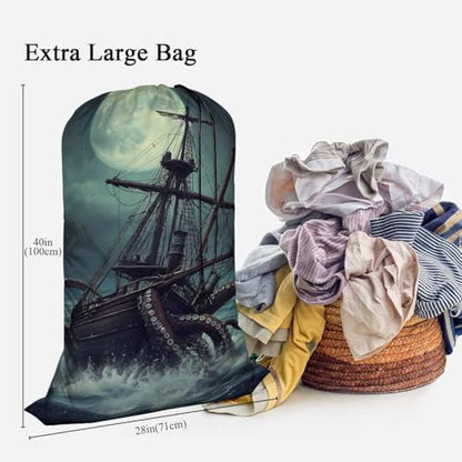 Swono Octopus Drawstring Closure Dirty Clothes Bag Organizer, Heavy Duty Large Laundry Bag, Sailboat Ocean Kraken Night Scene Rip-Stop Bags for Camp Travel, Oxford Cloth Machine Washable, Pirate Ship - color: Octopus