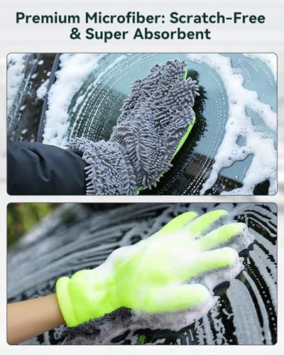 Car Wash Mitt, 2-Pack Microfiber Scratch Free Auto Detailing Supplies for Cleaning, Washing Dusting,Thickened 5-Finger Clean Gloves Design for Interior Exterior Cleaning Tight Spaces and Wheel