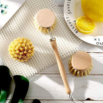 Boao 3 Pack Dish Brush with Beechwood Handle with Replacement Heads