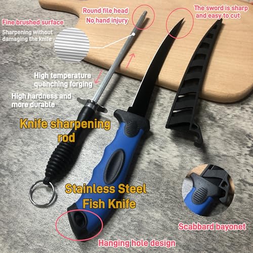 Fishing Knife Set, Fish Cleaning Kit, Filet Knife for Fish, Fish Scale Cleaning Brush, Multi-Functional Scissors, Gloves, Fishbone Tweezers, Storage Bag,Fishing Accessories,Fishing Tool Kit - size: 7PCS-Blue