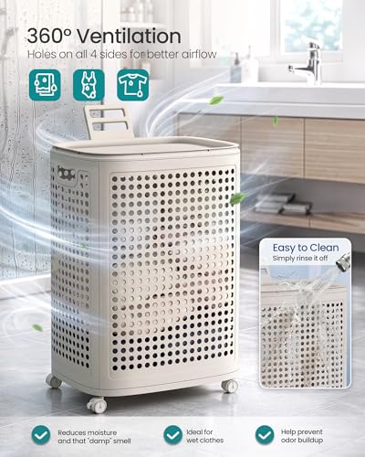 SONGMICS Laundry Hamper with Wheels, 75 L Laundry Basket with Lid - color: Cappuccino Beige, size: Lid and Wheels
