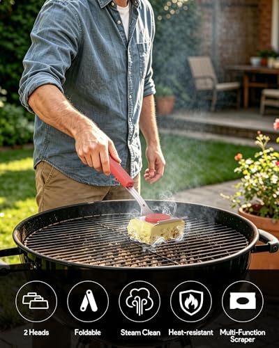 Steam Grill Brush Bristle Free, Grill Brush with Scraper, One-Fit-All for All Grate Type, BBQ and Teppanyaki Cleaning, Two Replaceable Heads
