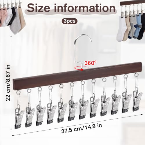 3 PCS Closet Organizer with 12 Clips, Space Saving Legging Hanger 360° Rotating Metal Clip with Silicone Lining Hanger with Clips for Short Skirts,Socks,Bras, Shorts, Underwear, Ties