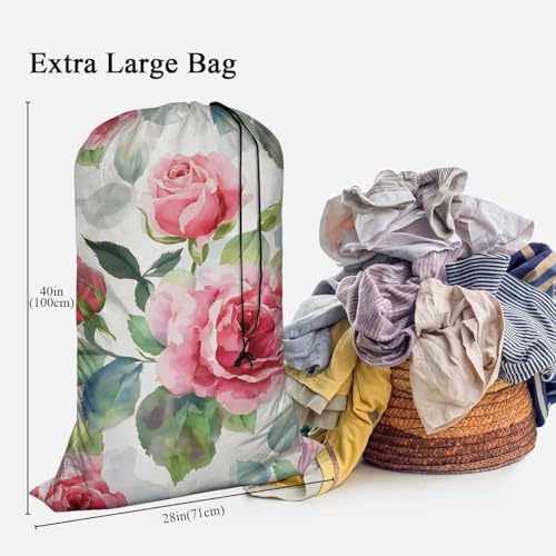 Swono Pink Roses Drawstring Portable Large Capacity Laundry Bags Beautiful Bud Flowers Rose Pink Floral Garden Travel Storage Bags for, Apartments, Vacations, College - color: Pink Roses