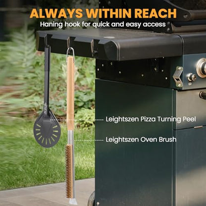21'' Pizza Brush with Stainless Steel Stone Scraper - Brass Bristles - Wood Handle - Hanging Ring - Outdoor Pizza Oven Accessory - Compatible with Ooni, Gozney, Blackstone, Solo Stove Ovens - size: 21 Inch