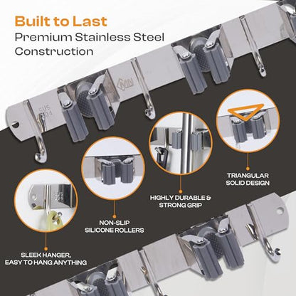 Stainless Steel Broom Holder Wall Mount, 4 Racks & 5 Hooks - size: 4 Racks & 5 Hooks