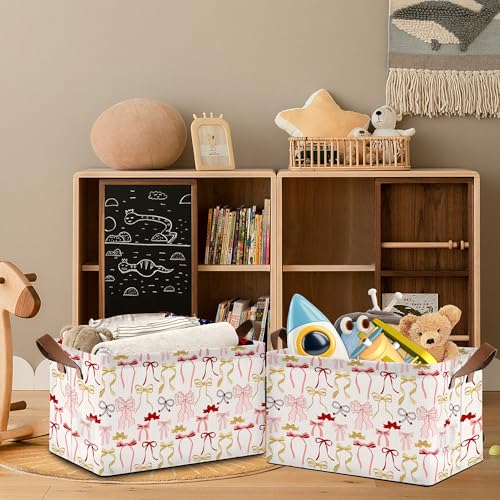 Cute Pink Bow Storage Baskets,Foldable Organizer Bin with Handles for Home Living Room Bedroom Closet Box 17x11.5x10Inch - color: Cute Pink Bow