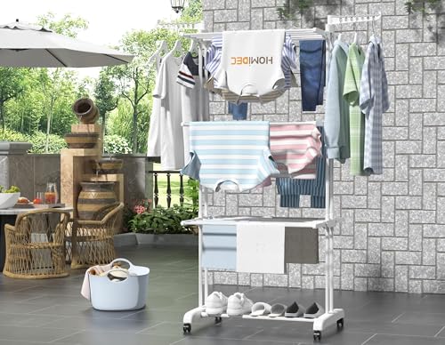 Clothes Drying Rack, 4-Tier Foldable Drying Rack Clothing with 4 Castors, 24 Poles & 14 Hooks, Movable Stand for Bed Linen, Indoor Outdoor Use, 67.7" High