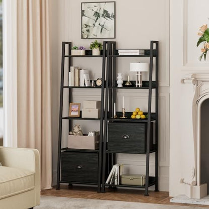 Furologee Ladder Shelf, 5 Tier Bookshelf with Fabric Drawer, Black Oak - color: Black Oak, size: 5-Tier, 15" W