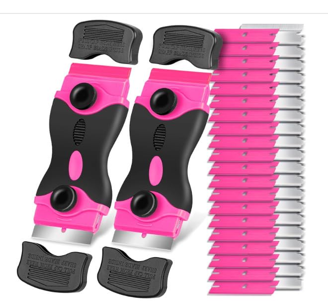 2Pcs Pink Double-Head Razor Scraper Set with 20Pcs Blades (10 Metal+10 Plastic), Multi-Use Cleaning Tool for Glass, Cooktop, Auto Film, Residue Removal