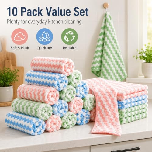 10 Pack Mircofiber Dish Cloths, Upgrade Kitchen Dish Rags, Reusable Cleaning Cloths, Kitchen Washcloths Towels, Lint Free/Absorbent/Nonstick Oil Kitchen Rags, 10''x10'' (Blue) - color: Blue, size: NEW 10 x 10 Inch - 10PCS