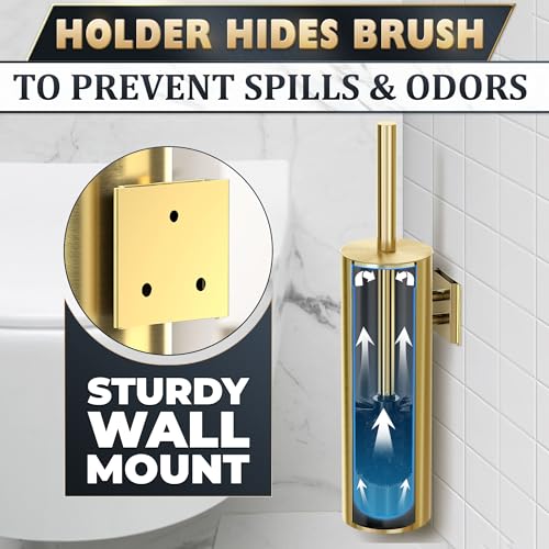 2 Pcs Wall-Mounted Stainless Steel Toilet Brush and Holder Set (Gold) - color: Gold