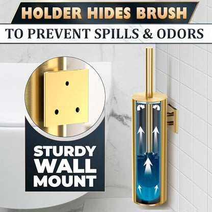 2 Pcs Wall-Mounted Stainless Steel Toilet Brush and Holder Set (Gold) - color: Gold