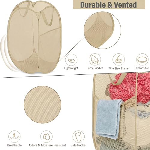 BATTOO Deluxe Strong Mesh Pop up Laundry Hamper Basket with Side Pocket for Laundry Room, Bathroom, Kids Room, College Dorm or Travel Beige - color: Beige