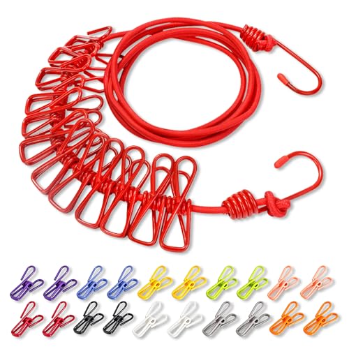 Portable Adjustable Clothesline with Built‑in 12 Solid‑Color Clothespins & 20 Separate Colorful Clips, Laundry Line for Indoor Outdoor Travel Camping Hotel Use (Red) - color: Red & 20 Colorful Clips(non‑windproof)