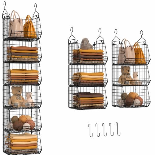 6 Tier Closet Hanging Organizer, Clothes Hanging Shelves with 4 Hanging Hooks 5 S Hooks, Wire Storage Basket Bins, for Clothing Sweaters Shoes Handbags Clutches Accessories Patent Design-Black - color: Black