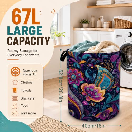 Mandala Paisley Flower Laundry Basket with Handles,Vintage Boho Foldable Oxford Laundry Hamper,Collapsible Clothes Storage Basket for Laundry Room/Bathroom/Bedroom/Dormitories 20.8 x 16 Inches - color: Mandala Paisley Flower Vintage Boho