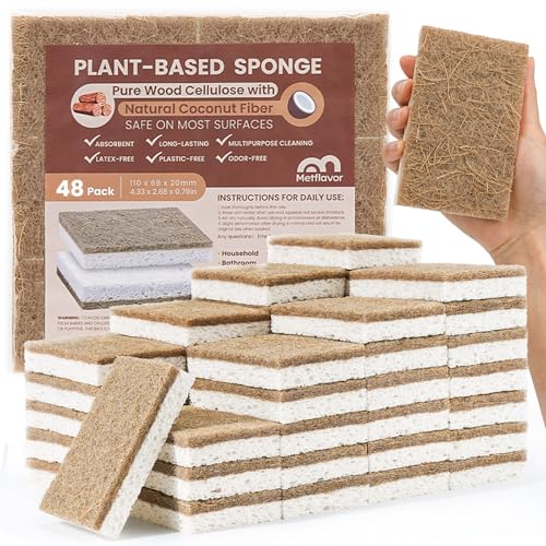 Metflavor Kitchen Sponges, 48 Count, Natural Sponge with Coconut Scrubber - color: Brown, size: 48 Pack