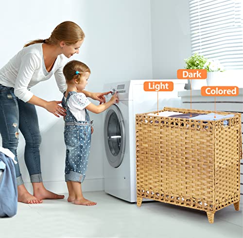 Laundry Hamper with 3 Removable Liner Bags, 132L Laundry Sorter with Lid - color: Natural, size: 132L-3 Section