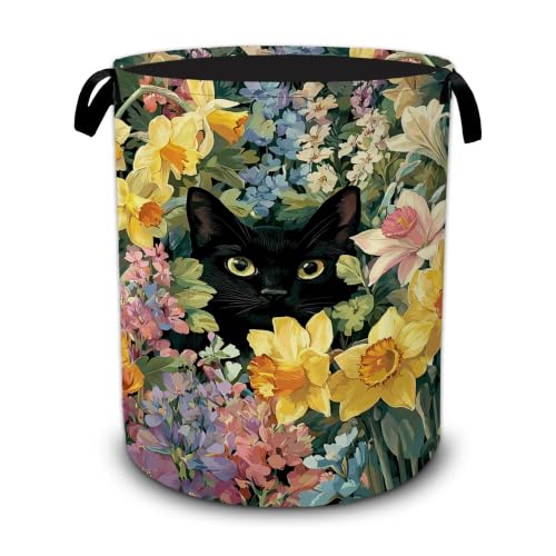 Cute Black Cat Laundry Basket,Flower Daffodils Tulips Foldable Oxford Laundry Hamper with Handles,Collapsible Clothes Storage Basket for Bedroom,Bathroom,or Laundry Room,20.8 x 16 Inches - color: Cute Black Cat Flower Daffodils Tulips