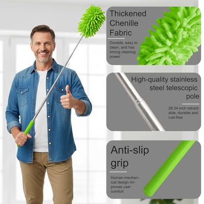 Microfiber Feather Duster with 29 in Telescoping Pole and Bendable Head for Ceiling Fans, Ceilings, Blinds, Furniture and Cars, Green - color: Green