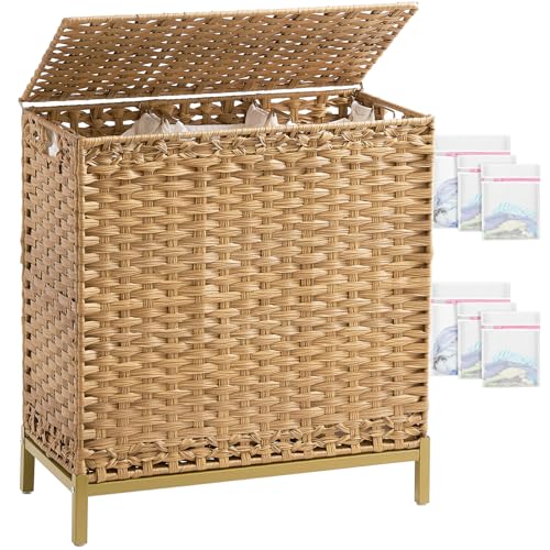 SETVSON Laundry Hamper with Lid, 35 Gal 3-Bag Clothes Sorter, Natural - color: Natural, size: 132 L - 35 gal