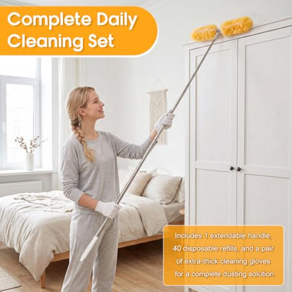 40 Pcs Heavy Duty Duster Refills with 6 ft Extendable Handle and 1 Pair of Gloves, Compatible with Swiffer 360° Disposable Microfiber Feather Dusters Kit for Cleaning Home(Orange) - color: Orange