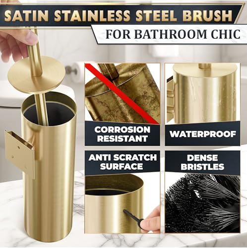 2 Pcs Wall-Mounted Stainless Steel Toilet Brush and Holder Set (Gold) - color: Gold