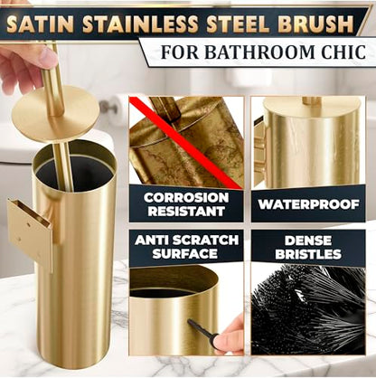2 Pcs Wall-Mounted Stainless Steel Toilet Brush and Holder Set (Gold) - color: Gold