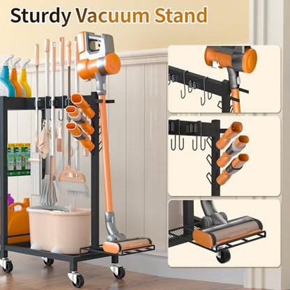 Broom Holder with Cleaning Supplies Organizer, 30.7"Wx11.8"Dx34.6"H - size: 30.7"Wx11.8"Dx34.6"H