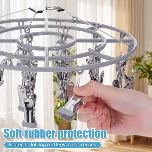 2PCS Drying Rack Clothing with 24 Clips, Metal Round Sock Hanger for Drying Hanging Clothes Dryer Underwear Hangers Racks Lingerie Bra Baby Delicates Foldable Small Indoor Laundry Dryer