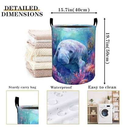 Cute Manatee Laundry Basket Hamper for Boys Girls Kids Adults, Foldable Waterproof Oxford Clothes Storage Bin, Marine Animal Organizer for Bedroom Bathroom Room Decor 19.7"x15.7" - style: Manatee