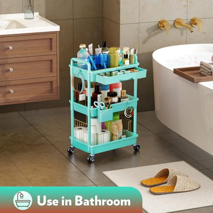 SUNALLY Makeup Cart Organizer with Drawer, 3 Tier Rolling Makeup Cart, Blue - color: Blue, size: 3 Tier