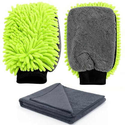 3-Piece Car Wash Kit: 2 Scratch-Free Chenille Microfiber Wash Mitts + 1 Large 400GSM Drying Towel, Lint-Free Auto Cleaning Set for Cars Trucks SUVs RVs