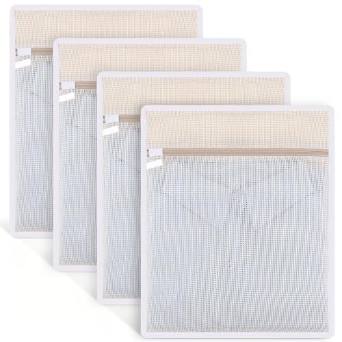 Dntorx 4 Pack Durable Cotton Mesh Laundry Bags for Delicates - 12×16inch Laundry Bags Mesh Wash Bags with Sturdy Zipper for Underwear Bras Socks Clothes Storage Natural Cotton Washing Machine Safe - color: Upgraded Cotton Mesh, size: 4 Medium