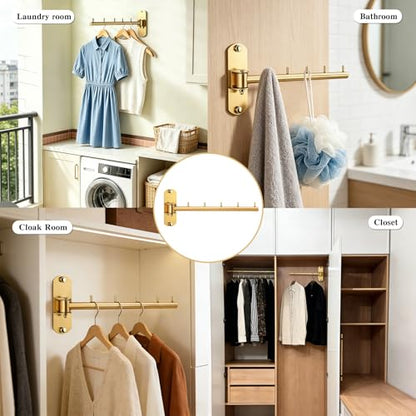 Folding Wall Mounted Clothes Hanger Rack with Swing Arm Stainless Steel Heavy Duty Coat Hook for Bathroom, Bedroom, Laundry Room - Gold - color: Gold