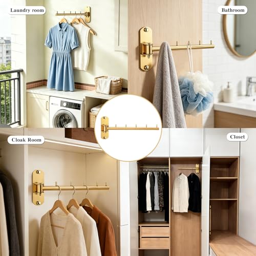 Folding Wall Mounted Clothes Hanger Rack with Swing Arm Stainless Steel Heavy Duty Coat Hook for Bathroom, Bedroom, Laundry Room - Gold - color: Gold