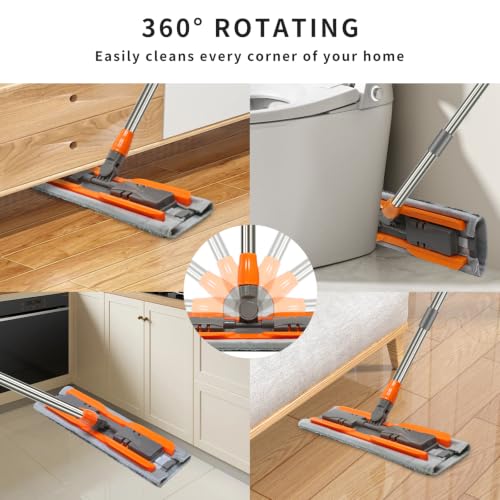 16-Inch Large Microfiber Flat Mop for Hardwood & Tile Floors, Durable Aluminum Alloy Head with Stainless Steel Handle, 4 Reusable Pads (2 Chenille+2 Microfiber) for Wet Dry Cleaning - size: 16-inch
