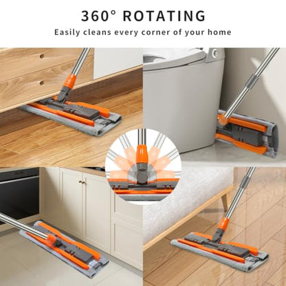 16-Inch Large Microfiber Flat Mop for Hardwood & Tile Floors, Durable Aluminum Alloy Head with Stainless Steel Handle, 4 Reusable Pads (2 Chenille+2 Microfiber) for Wet Dry Cleaning - size: 16-inch