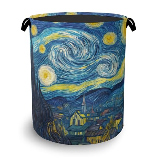 Starry Night Moon Laundry Basket,Village Oxford Cloth Laundry Hamper with Handle Foldable Portable Clothes Storage Basket for Bathroom Bedroom Dorm Room 16" x 20.8" - color: Starry Night Moon Village