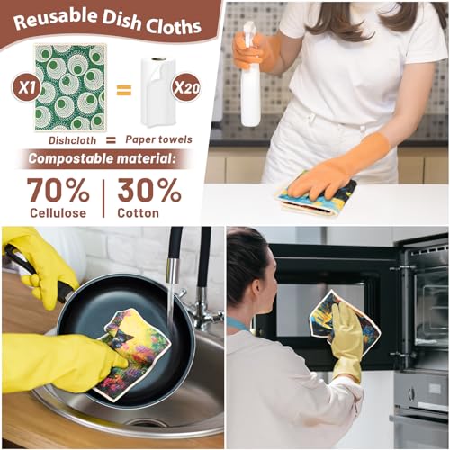 Lucomb 10 Pack Swedish Dishcloth Cellulose Sponge Cloths Bulk, Reusable Absorbent Kitchen Towels Dish Cloths Set Quick Drying Washable for Dishes Counters - color: 10 Pack-black Cats+ Clips