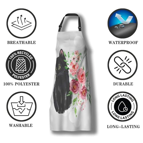 Cook Apron Women Black Cat and Watercolor Flower Mans Aprons for Grilling for Kitchen Cooking Restaurant BBQ Painting Crafting Gardening 27” (W) x 31” (H), Waterproof Aprons - color: Cat and Flower