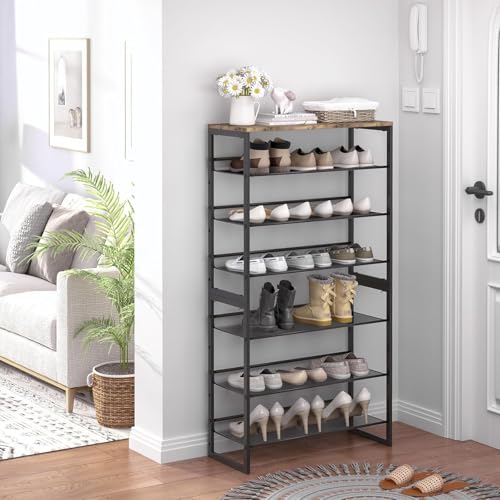 Garden 4 you Shoe Rack for Entryway 7 Tiers 11.8" D x 29" W x 52" H, Metal Shoe Rocks with Brown Wooden Tabletop, Angled Shoes Rack with Adjustable Mesh Shelves for Entryway Hallway Closet - color: Rustic Brown, size: 7-Tiers