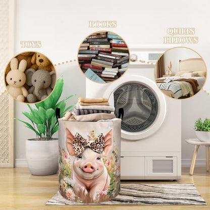 Cute Piglet with Bow and Flowers Laundry Basket, Dorm Nursery Foldable Laundry Hamper Organizer for Bathroom Decor, Toy Clothes Storage Box for Bedroom 19.7x15.7 Inch - style: Pig24