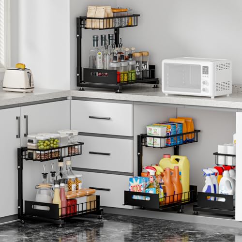 Saydear 2-Pack L-Shaped Under Sink Organizer, 2-Tier Pull-out Cabinet Rack - color: Black V2.0, size: 2 Pack