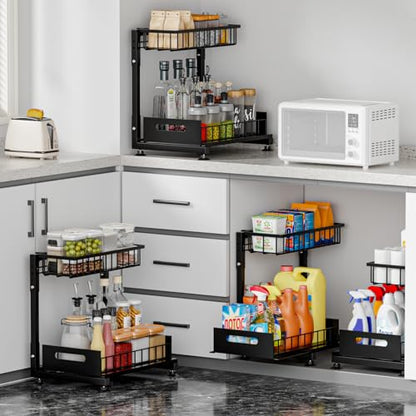 Saydear 2-Pack L-Shaped Under Sink Organizer, 2-Tier Pull-out Cabinet Rack - color: Black V2.0, size: 2 Pack