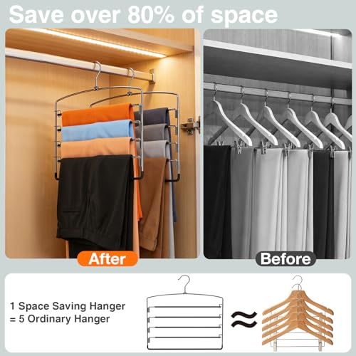 Korpai 6-Pack Pants Hangers Space-Saving Multi-Layer,150° Rotate Metal Swing Arm Non Slip Rubber Coating,Closet Organizers and Storage 360 Swivel Top Hook for Jeans,Trouser,Slacks,Skirt,Scarfs,Towels