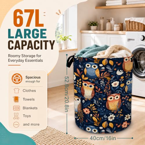 Cute Owl Flower Laundry Basket,Large Collapsible Portable Round Laundry Hamper with Handles,Oxford Storage Bin for Clothes,Blankets,Bedroom,Bathroom - color: Cute Owl Flower
