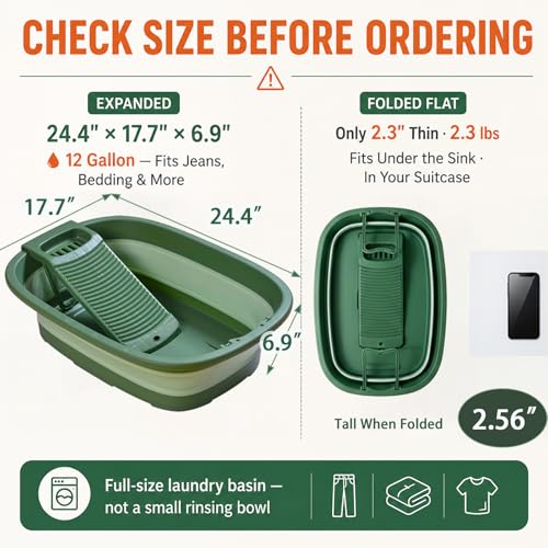 12 Gallon Collapsible Wash Basin with Detachable Washboard, Extra Large Foldable Utility Bucket with Dual Drain Plugs, Portable Household Cleaning Tub for Laundry, Mopping, RV, Camping & Travel
